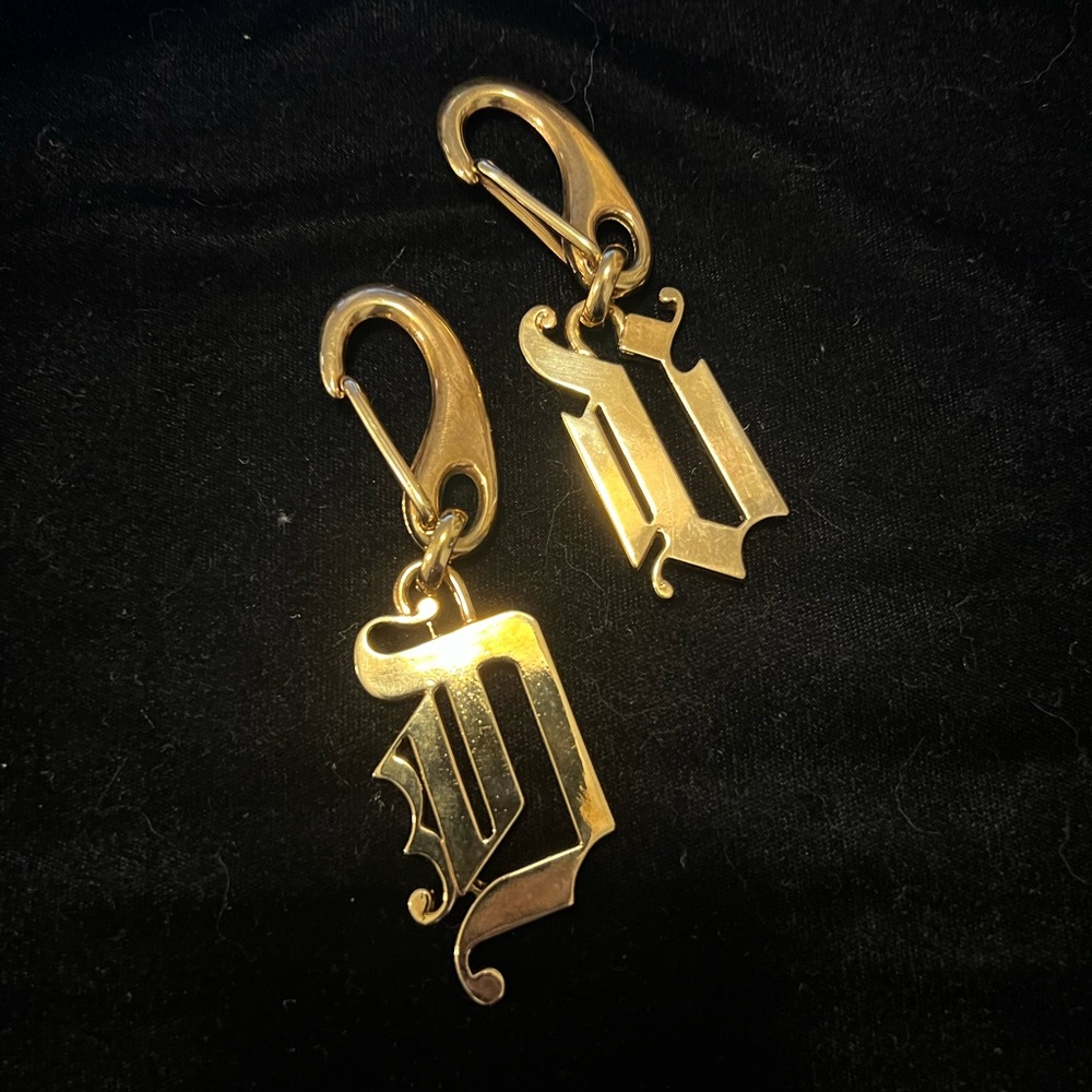 Authentic VERSACE Set of 2 Gothic Letter Key Ring Bag Charms Gold